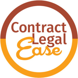 White background with a half orange and half yellow circle with "contract legal ease" in the center