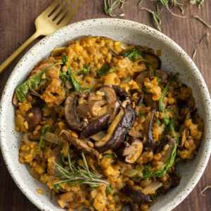 mushroom lentil risotto with toppings in a bowl