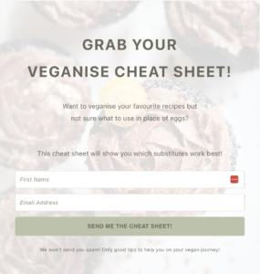 screenshot of an email sign up for a veganise cheat sheet