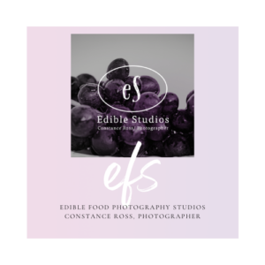 edible food photography logo on top of a picture of blueberries and a purple and white graphic