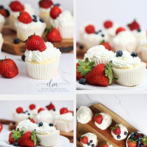 A 4-square grid with images of angel food cupcakes with white frosting and strawberries on top.