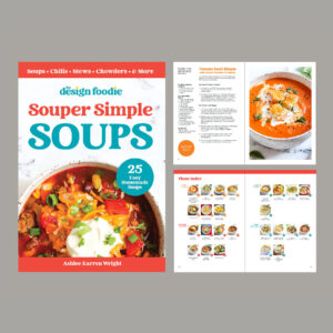 The cover design for a cookbook titled "Souper Simple SOUPS" by Ashlee Karren Wright. The cover features a vivid photograph of a hearty soup and bold, playful typography, alongside a table of contents and images of various soups, indicating a focus on easy, homemade soup recipes.