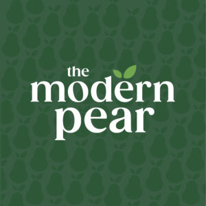 A logo for "the modern pear," featuring dark green silhouettes of pears forming a patterned background, with the brand name in white, stylized font and two small green leaves. The design is fresh and contemporary, suggesting a focus on modern, healthy living or food-related content.