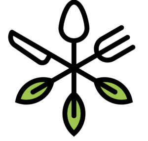 A graphic symbol composed of a spoon, knife, and fork crossed over a leaf, all in black outline with green leaf accents. This design represents the Low Carb Simplified brand.
