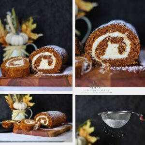 4-square grid with images of pumpkin rolls on a wooden cutting board with fall foliage.