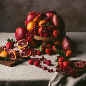 A still life composition of red fruits including strawberries, red currants, blood oranges, and whole apples, artistically arranged on a wooden pedestal bowl and on the table, against a textured gray background. The warm, muted lighting emphasizes the rich colors of the fruits.