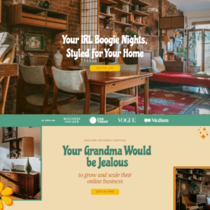 A graphic with two sections: the top part showcases a cozy, retro-inspired living room with the text 'Your IRL Boogie Nights, Styled for Your Home,' and the bottom section promotes business coaching for female creatives with the tagline 'Your Grandma Would Be Jealous.'