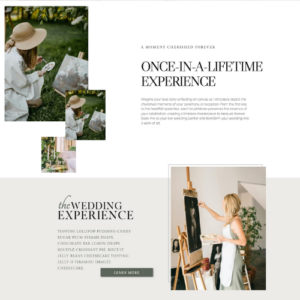 A wedding promotional graphic with a headline reading 'Once-in-a-lifetime experience.' It features a woman in a sun hat sitting at an outdoor table and a woman painting on a canvas, promoting a unique wedding experience.