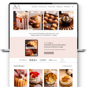Screenshot of the Almonds and Apricots food blog homepage, showcasing elegant images of desserts, drinks, and holiday treats. Features include a free guide for enhancing dessert recipes and recognitions from publications like Brides and Cake Decorating.