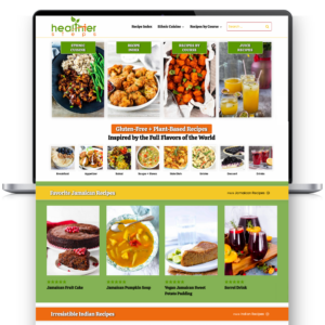 Screenshot of the Healthier Steps food blog homepage, focused on gluten-free and plant-based recipes inspired by global flavors. Categories include Ethnic Cuisine, Recipes by Course, and Juice Recipes, with highlighted Jamaican and Indian recipes.