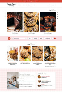 Screenshot of the Butternut Bakery website with a focus on cake, cookie, and brownie recipes. The featured fall favorites include pumpkin bread, mini apple hand pies, and spiced maple butter cookies. Includes an introduction to Jenna, the creator, with a focus on dessert recipes for various dietary needs.