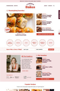 Screenshot of the Cambrea Bakes website featuring bakery-style recipes. The banner highlights Thanksgiving favorites like garlic bread rolls and cookies. Below are categories for cookies, cakes, breads, and savory recipes. Includes an introduction to Cambrea, a professionally trained pastry chef, and popular recipes like chocolate chip cookies and chocolate coffee cake.