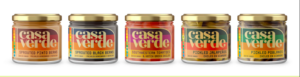 Five jars of Casa Verde products featuring vibrant labels with flavors including Sprouted Pinto Beans, Sprouted Black Beans, Southwestern Tomatoes, Pickled Jalapeños, and Pickled Poblanos.