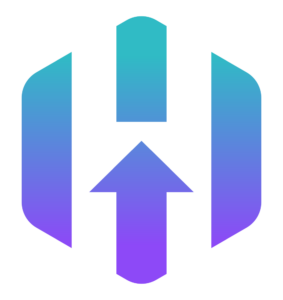 A gradient icon featuring an upward arrow in the center, transitioning from teal at the top to purple at the bottom, enclosed within a shield-like shape with curved edges.