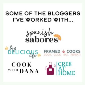 A digital graphic with the text "Some of the bloggers I've worked with..." followed by logos of various food bloggers, including "Spanish Sabores," "Big Delicious Life," "Framed Cooks," "Cook With Dana," and "Cre8 at Home." The design has a clean and modern aesthetic with a soft green border.