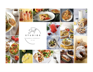 A collage of high-quality food photography showcasing various dishes, including soups, salads, pastries, and beverages. The central element is the logo for "Scott Studios Commercial Photography," established in 2023, in a modern, minimalist font.
