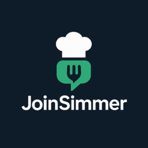 Logo for JoinSimmer featuring a white chef's hat atop a green speech bubble with a black fork icon inside. The background is dark navy blue, and the brand name "JoinSimmer" appears in bold white text below the graphic.